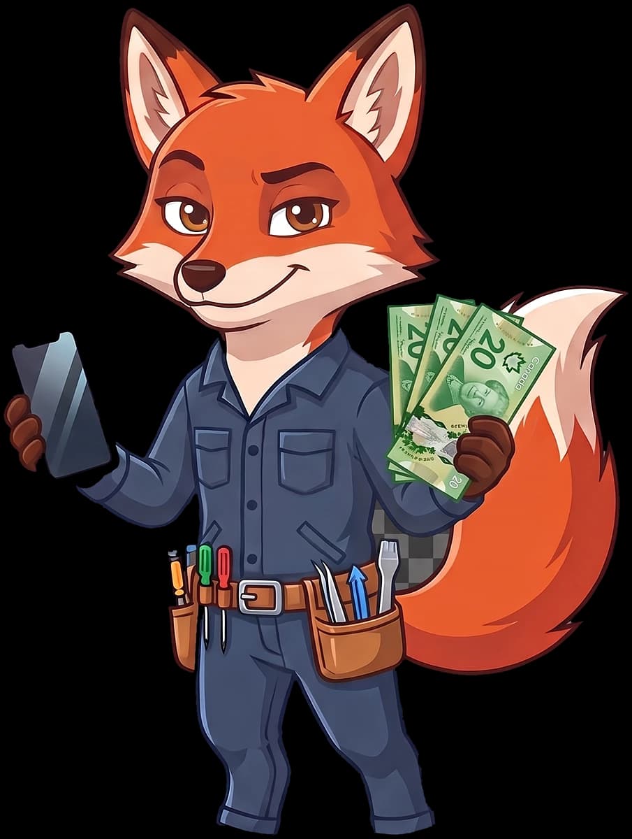 La mascotte FOXORA tenant un téléphone et des billets